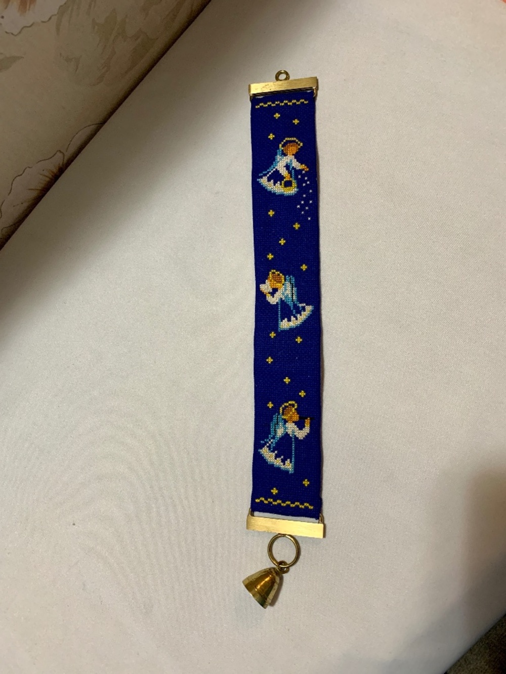 Vintage Blue Hand Stitched Angels Wall Door Hanger w Tiny Brass Bell - 14" by 2"